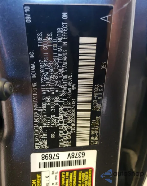 2011 Toyota Sienna Xle z USA, uszkodzony, nr VIN 5TDYK3DC9BS074181